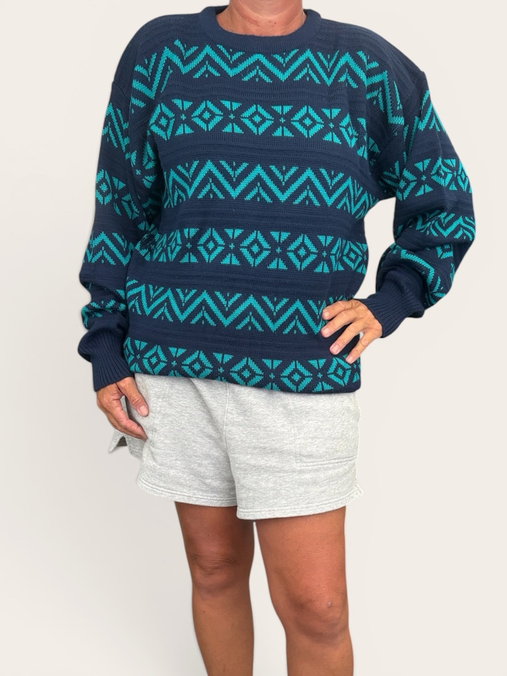 OSSI SKIWEAR Navy & Teal Vintage Geometric Knit Sweater Men’s Large